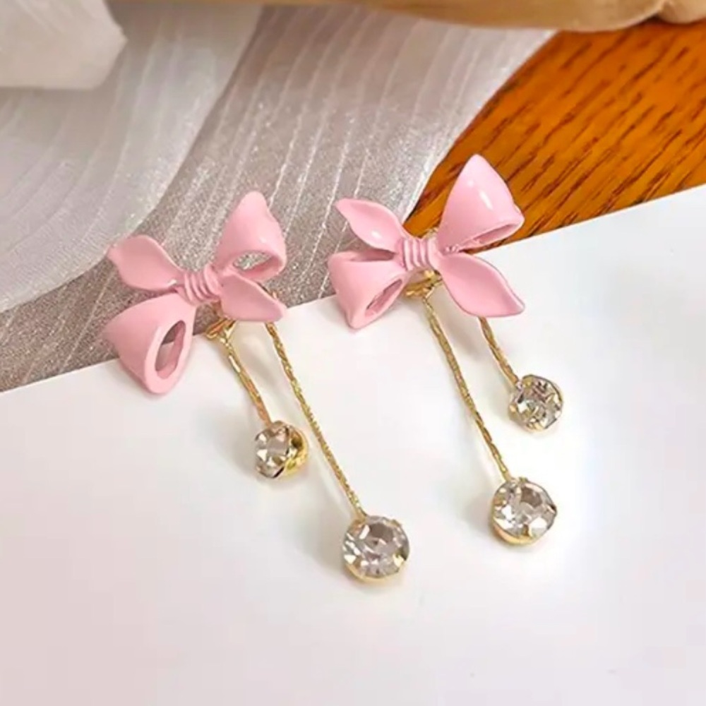 Chic Pink Bowknot & Rhinestone Tassel Earrings - Vintage-Inspired